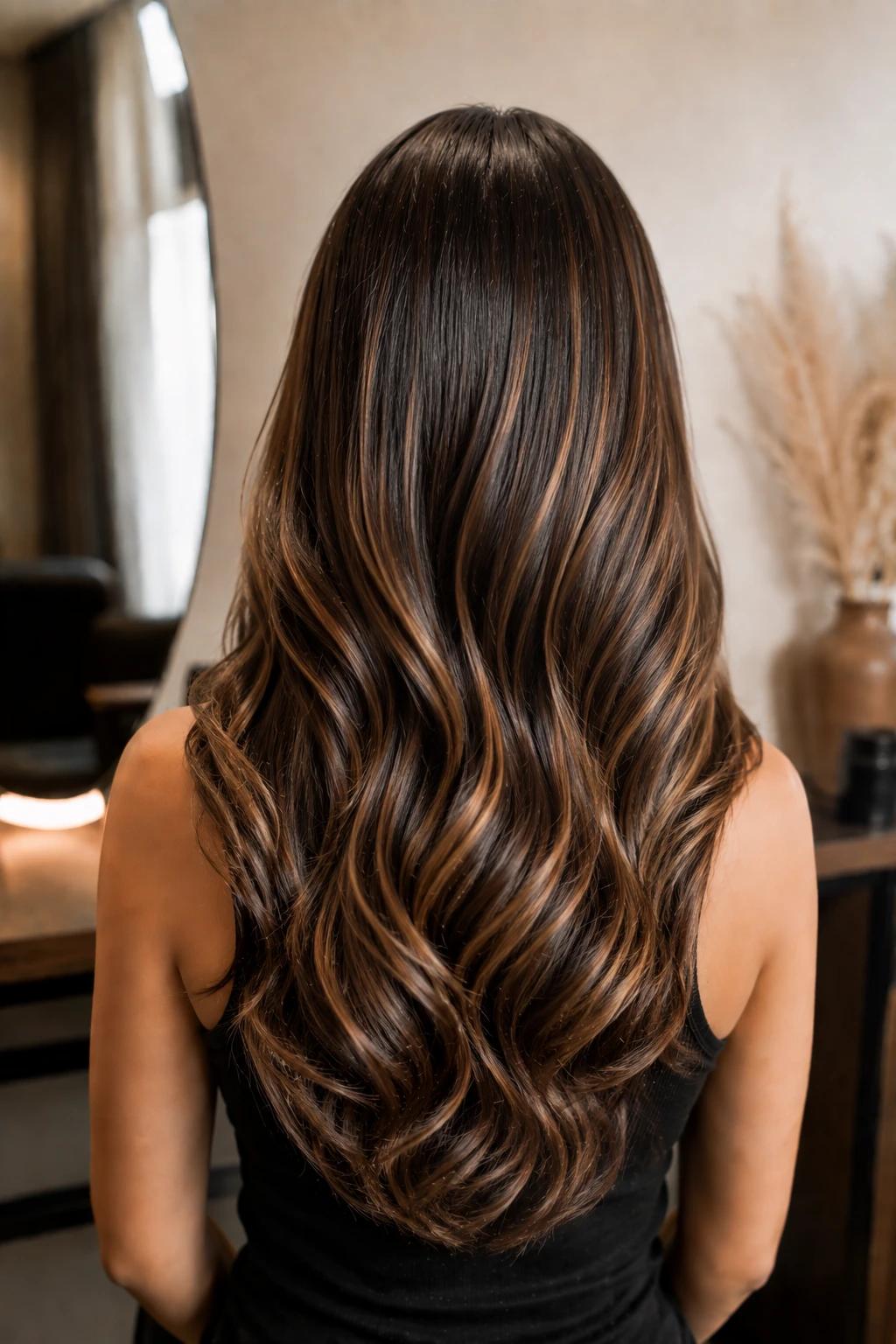 Cabelo moreno iluminado com ondas e acabamento brilhante