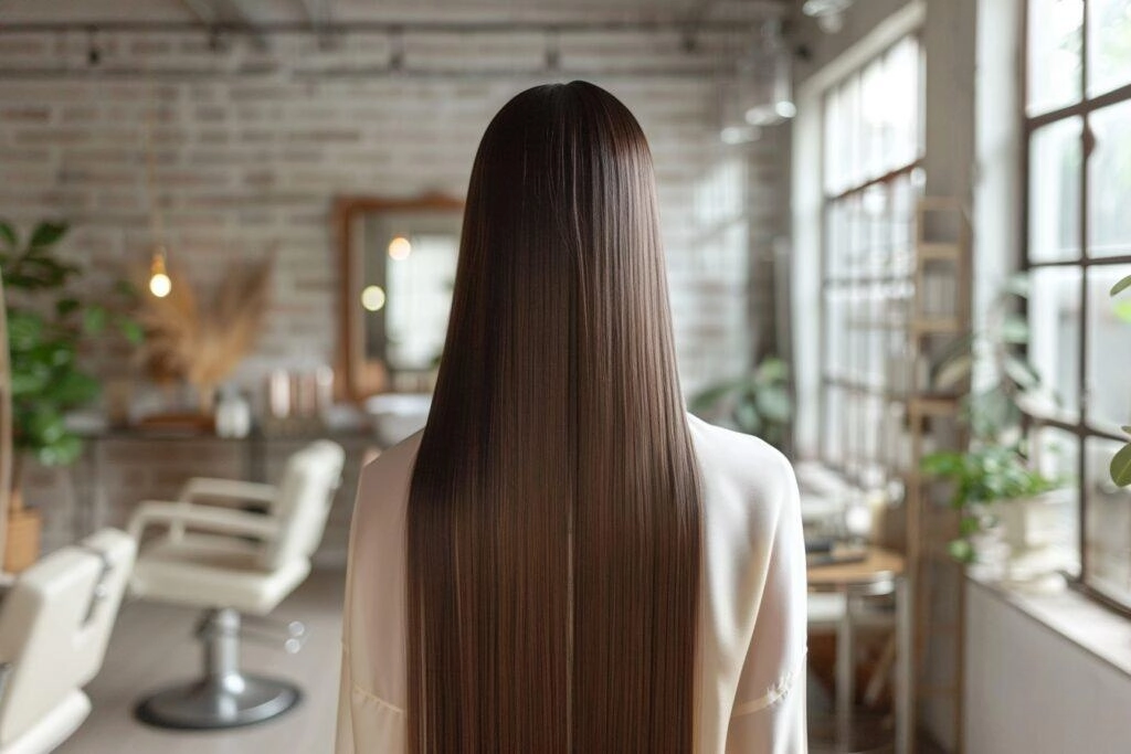 Cabelo longo, liso e brilhante após procedimento de alinhamento capilar